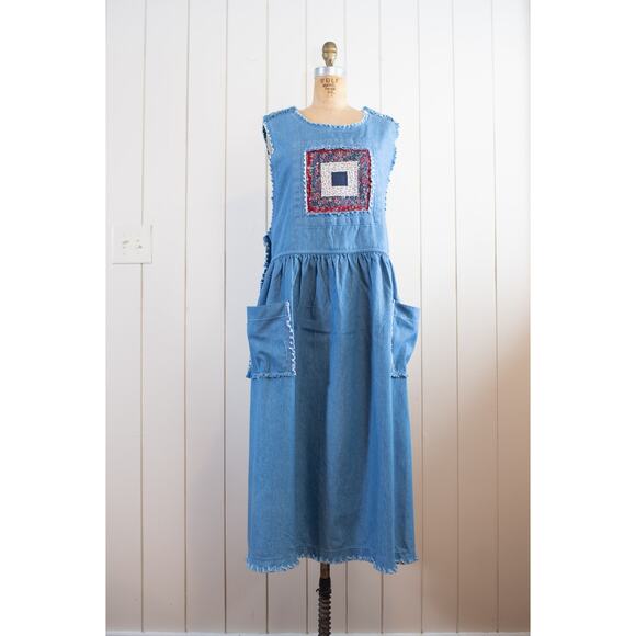 Vintage 90s Denim Quilted Jean Jumper Dress, Cottagecore Pinafore Pockets, XL - Picture 1 of 16